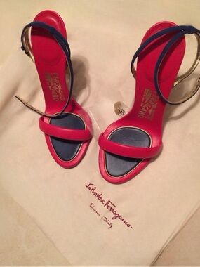 Salvatore Ferragamo Red, Navy & Gold Strappy Leather Heels